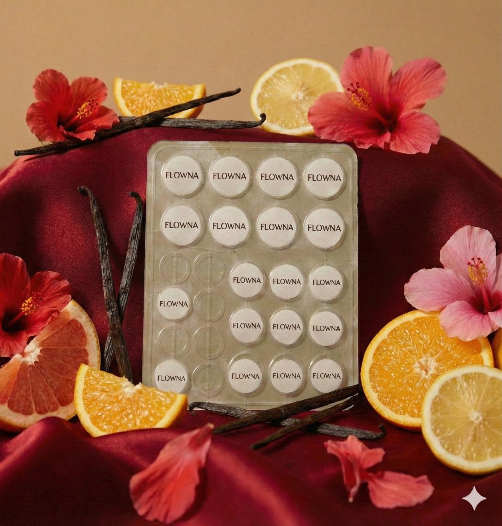 Flowna parfum patches omringd door natuurlijke geurnoten van citrus, hibiscus en vanille.